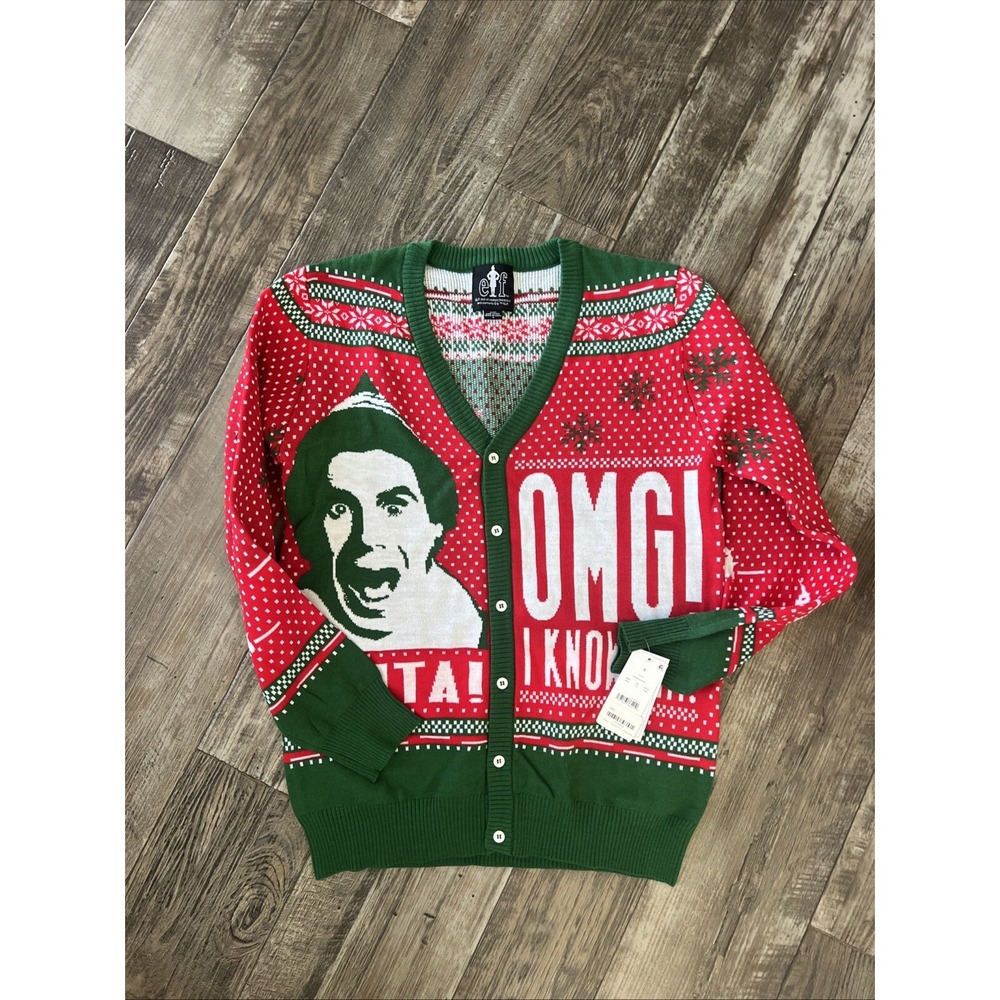 Elf Christmas Size Small Cardigan Button‎ Down Santa OMG! I Know Him! Sweater
